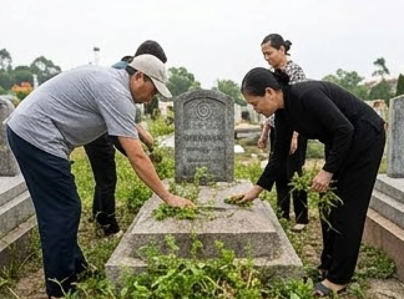 Văn khấn thần linh ngoài mộ: Bài cúng chuẩn tâm linh cho mọi dịp 8 Con cháu đang kính cẩn nhổ cỏ, lau dọn bia đá và đắp thêm đất mới cho phần mộ gia tiên trong tiết Thanh minh