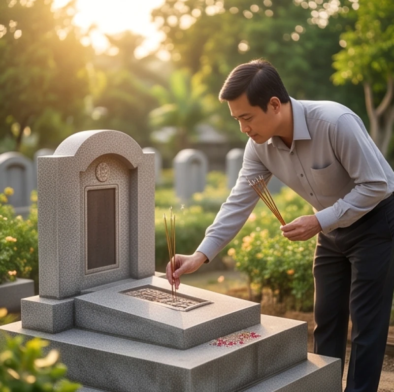 Văn khấn giỗ cha: Mẫu bài cúng chuẩn và trình tự hành lễ 2 Người con trai dọn dẹp phần mộ và thắp hương cho cha một cách thành kính