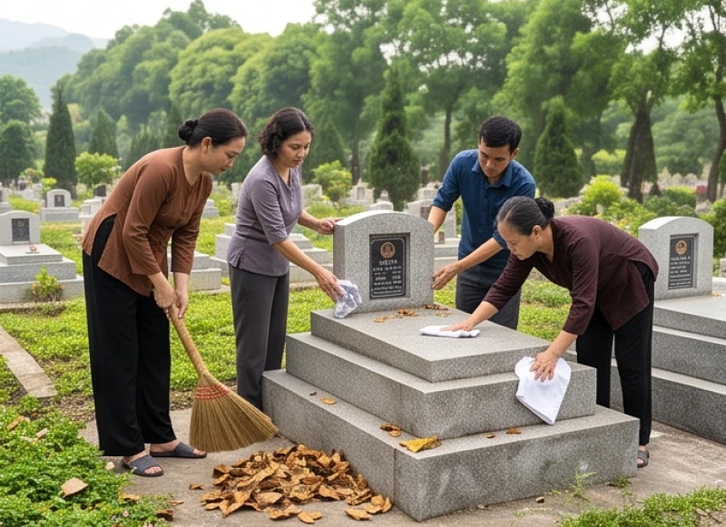 Văn khấn tảo mộ tiết Thanh Minh: 3 bài cúng chuẩn và giờ đẹp 1 Con cháu cùng nhau nhổ cỏ dại và lau dọn bia đá phần mộ tổ tiên trong dịp tiết Thanh Minh đầu năm