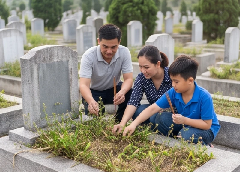 Văn khấn tảo mộ cuối năm: Chọn ngày giờ đẹp và bài cúng chuẩn 1 Các thành viên trong gia đình quây quần nhổ cỏ và lau chùi bia đá phần mộ tổ tiên dưới thời tiết tạnh ráo