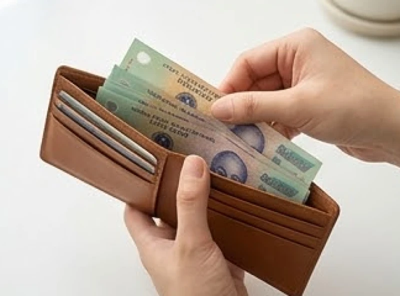 Hành động vuốt phẳng và sắp xếp ngay ngắn các tờ tiền bên trong một chiếc ví cá nhân