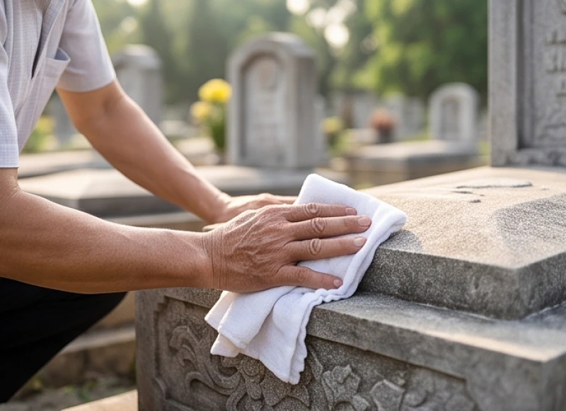 Văn khấn tạ mộ đầu năm: Bài cúng chuẩn và quy trình hạ lễ 1 Người đàn ông dùng khăn sạch lau dọn cẩn thận bụi bẩn trên mặt bia đá của ngôi mộ gia tiên đầu xuân