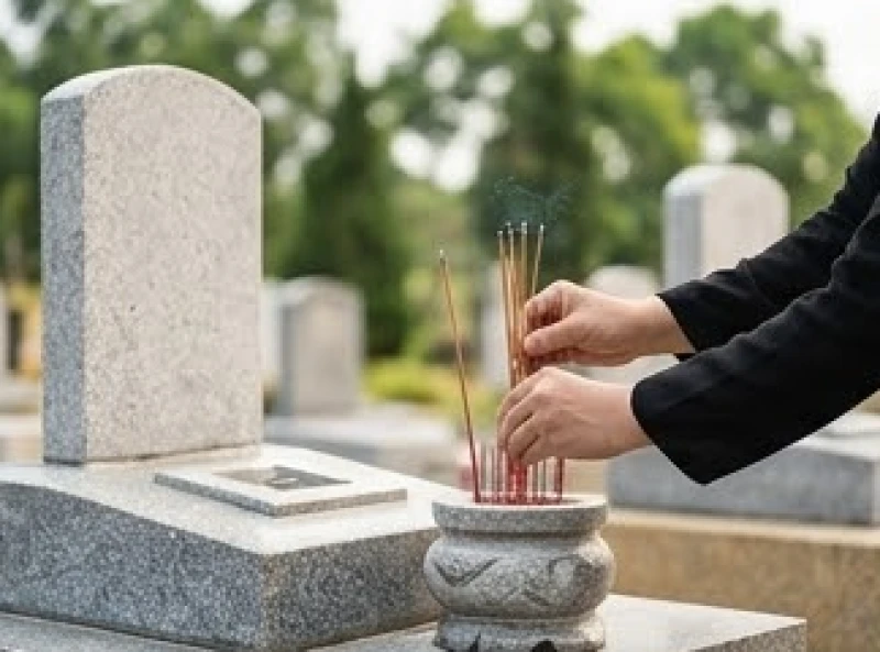 Bát hương trên mộ phần người chồng được thắp sáng gọn gàng sau khi gia đình quét dọn sạch sẽ