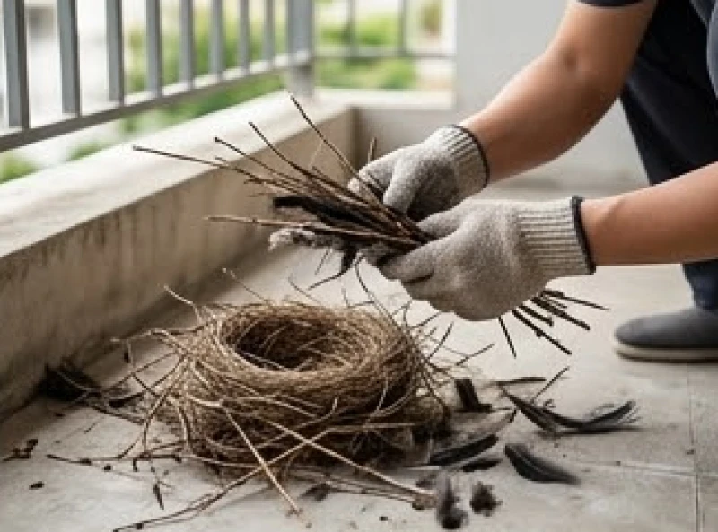 Người đàn ông đeo găng tay đang thu gom những cành cây khô từ tổ chim bị rớt trên ban công