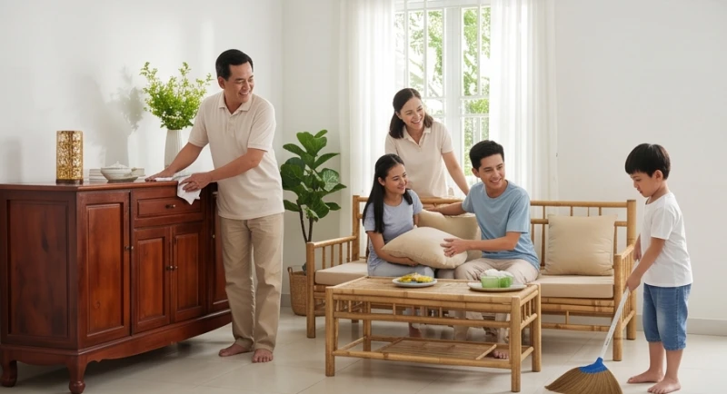 Các thành viên trong gia đình đang chú ý giữ gìn vệ sinh không gian sống chung bằng dung dịch sát khuẩn