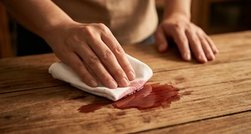 Khăn tay trắng đang nhẹ nhàng thấm dọn vệt rượu vang đỏ vừa vô tình đổ loang trên mặt bàn gỗ