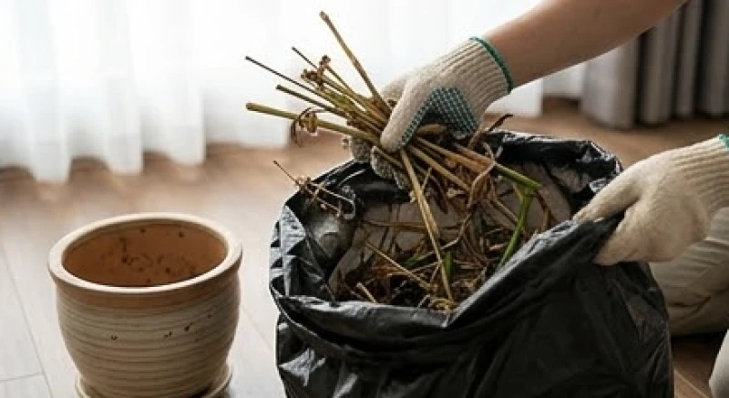 Bàn tay mang găng đang cẩn thận gom những cành lá khô của cây chết vào trong túi nilon đen để đem vứt bỏ
