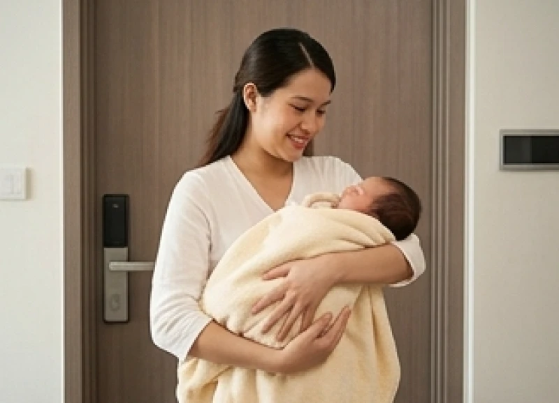 Văn khấn đón mẹ và bé từ viện về: nghi lễ chuẩn và mẹo an toàn 1 Mẹ bế em bé sơ sinh được quấn khăn ấm áp chuẩn bị bước vào nhà sau khi xuất viện