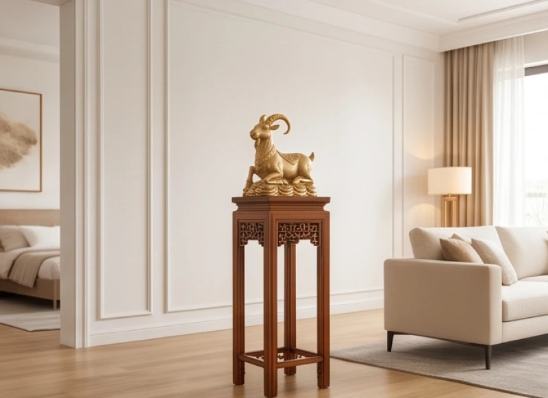 Tượng con dê phong thủy hợp tuổi Mùi: Chọn màu ngũ hành & an vị 7 Bức tượng dê phong thủy đặt trang trọng trên chiếc đôn gỗ cao cách xa mặt sàn
