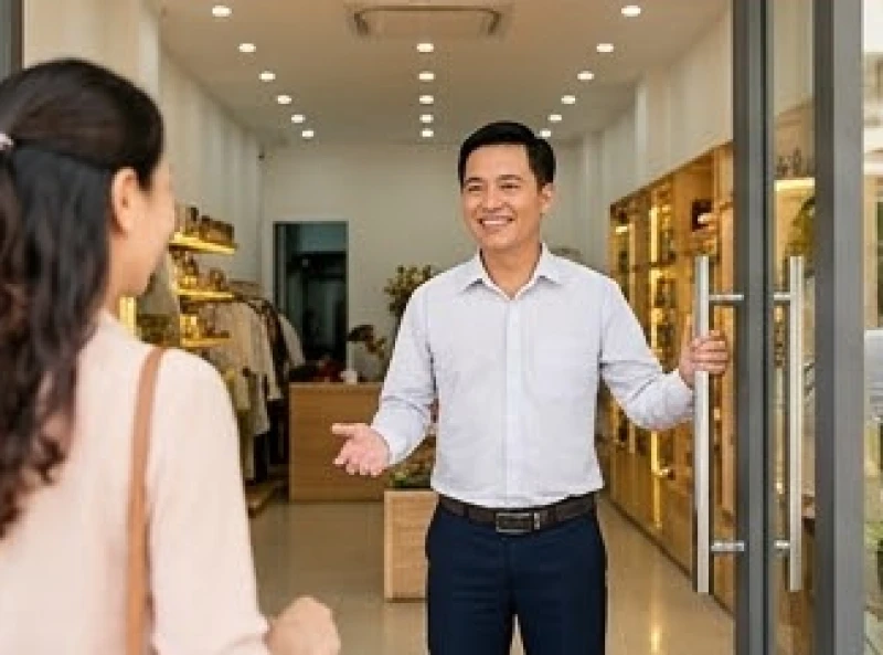Văn khấn khai trương: Bài cúng chuẩn và quy trình nghi lễ bài bản 8 Gia chủ tươi cười chào đón vị khách xởi lởi đầu tiên bước vào cửa hàng sau khi hoàn tất nghi lễ