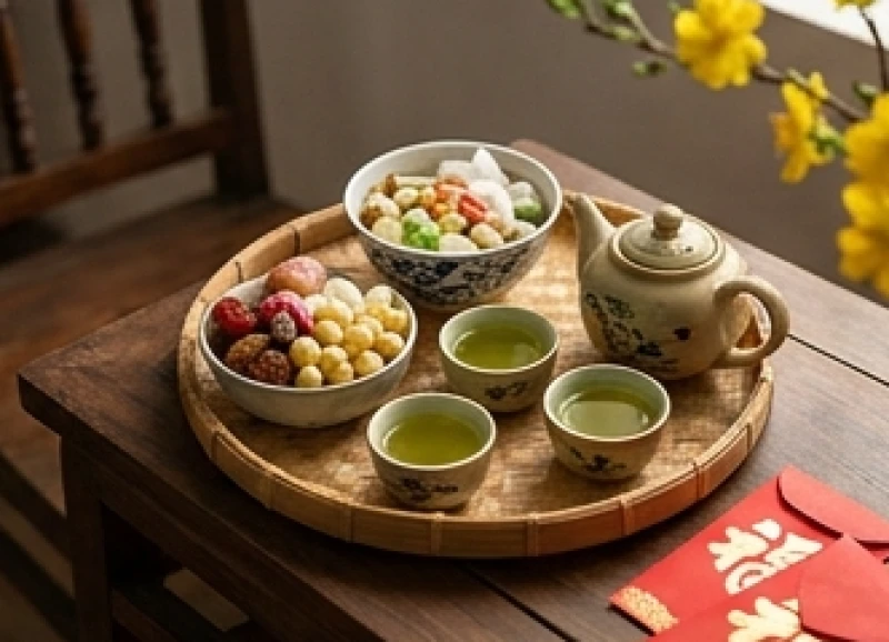 Khay mứt Tết và những phong bao lì xì đỏ được chuẩn bị sẵn để đón khách tới chơi nhà