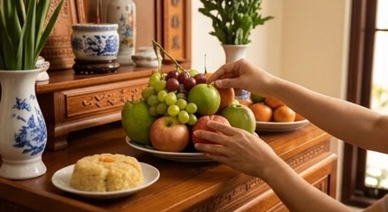 Văn khấn hạ lễ: Bài cúng chuẩn từng ban thờ và cách hóa vàng 2 Đôi bàn tay cẩn thận sắp xếp lại mâm trái cây và đồ lễ trên bàn thờ gia tiên