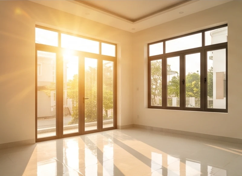 Ánh nắng buổi sáng rực rỡ chiếu vào không gian phòng khách trống của ngôi nhà mới