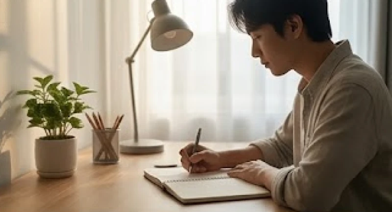 Một người đang thư thái ghi chép kế hoạch công việc mới bên bàn làm việc ngập tràn ánh sáng tự nhiên