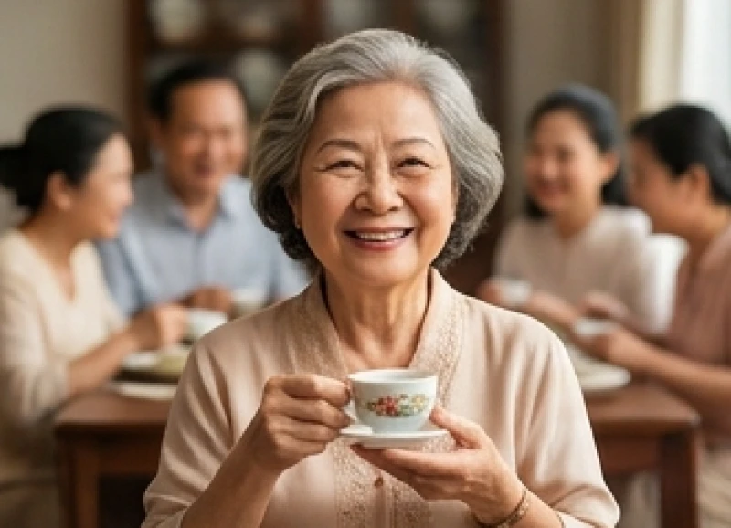 Người bà tươi cười hạnh phúc khi quây quần bên con cháu trong phòng khách gia đình