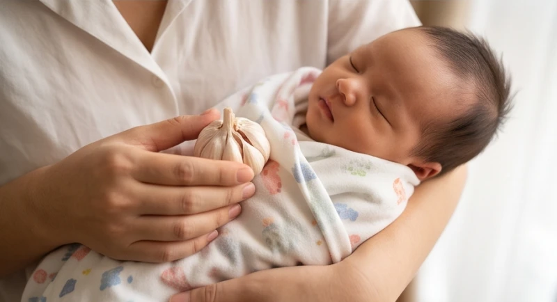 Văn khấn nhận con nuôi: Hướng dẫn sắm lễ, bài cúng và xin keo 6 Người thân bế em bé sơ sinh trên tay kèm theo củ tỏi để bảo vệ bình an khi về nhà