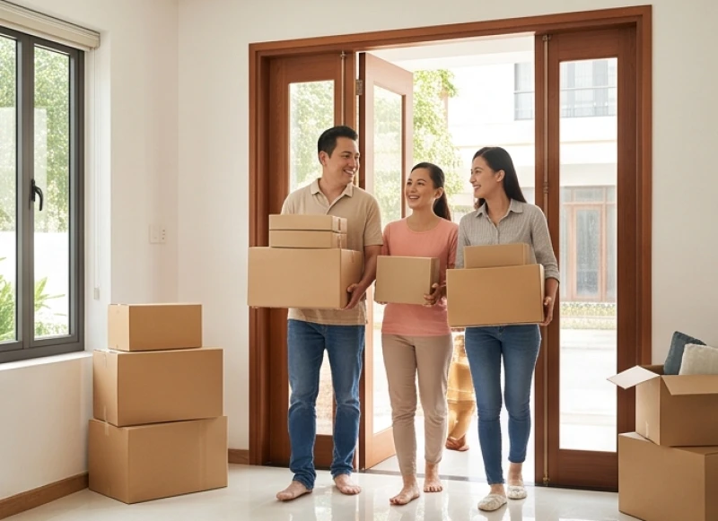Các thành viên trong gia đình đang sắp xếp đồ đạc và chuẩn bị bước qua cửa chính của ngôi nhà mới