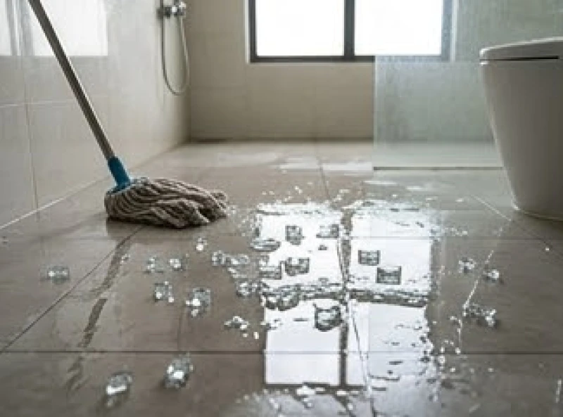 Mặt sàn nhà tắm trơn trượt được lau khô hoàn toàn trước khi thu gom các mảnh kính vỡ để tránh gây nguy hiểm