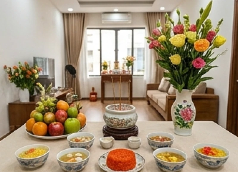 Sơ đồ bày trí mâm cúng đầy tháng tuân thủ nghiêm ngặt nguyên tắc bình hoa bên phải và mâm quả bên trái