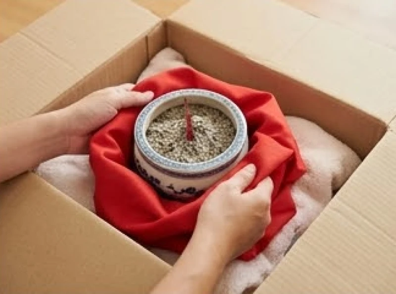 Người đàn ông cẩn thận dùng giấy bọc kín bát hương để đảm bảo an toàn và giữ nguyên tro cốt khi di chuyển