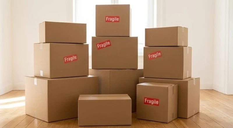 Các thùng carton được đóng gói kỹ lưỡng và dán nhãn Hàng Dễ Vỡ màu đỏ vô cùng nổi bật