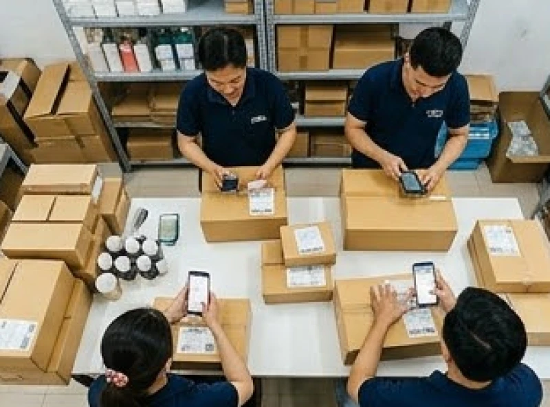 Nhân viên bận rộn đóng gói hàng loạt đơn hàng online trong kho bãi