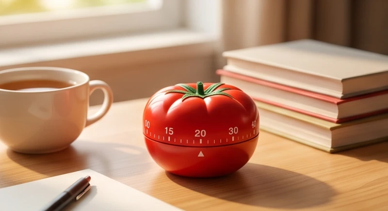 Đồng hồ đếm ngược cà chua Pomodoro đặt cạnh sách vở giúp phân chia thời gian học tập hiệu quả