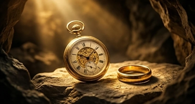 Mơ thấy đào vàng: Giải mã điềm báo, bộ số 91-75-78 & lời khuyên 7 Một chiếc đồng hồ bỏ túi tinh xảo và chiếc nhẫn bằng vàng sáng chói nằm nổi bật trên một tảng đá tối màu