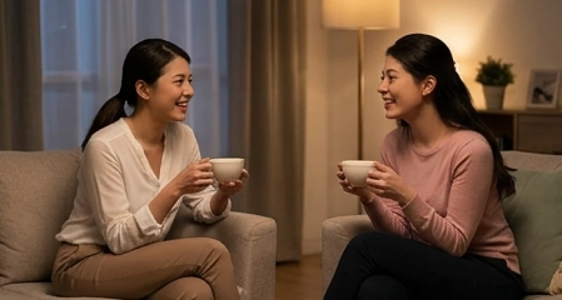 Đồng nghiệp cũ ngồi uống trà vui vẻ tại phòng khách gia đình trong một giấc mơ chân thực mang điềm báo
