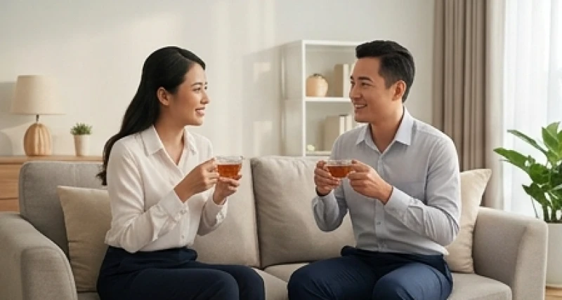 Hai người đồng nghiệp mặc đồ công sở đang uống trà và thảo luận công việc tại phòng khách