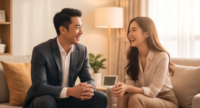 Nam nữ đồng nghiệp thanh lịch vui vẻ trò chuyện cởi mở trong một không gian văn phòng ấm cúng
