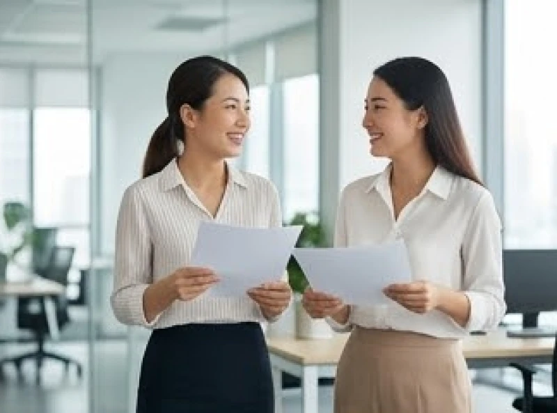 Mơ thấy người khác có thai: Giải mã điềm báo & bộ số tài lộc 3 Hai nữ nhân viên văn phòng đang vui vẻ trò chuyện và trao đổi tài liệu trong một không gian làm việc sáng sủa