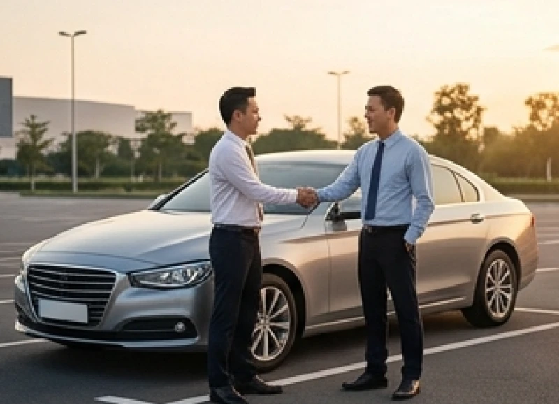 Mơ Thấy Mua Xe: Giải Mã Điềm Báo, Hóa Giải Vận Xui & Sổ Mơ 4 Hai người bạn đồng nghiệp vui vẻ chúc mừng nhau bên cạnh một chiếc xe hơi màu bạc tại bãi đỗ
