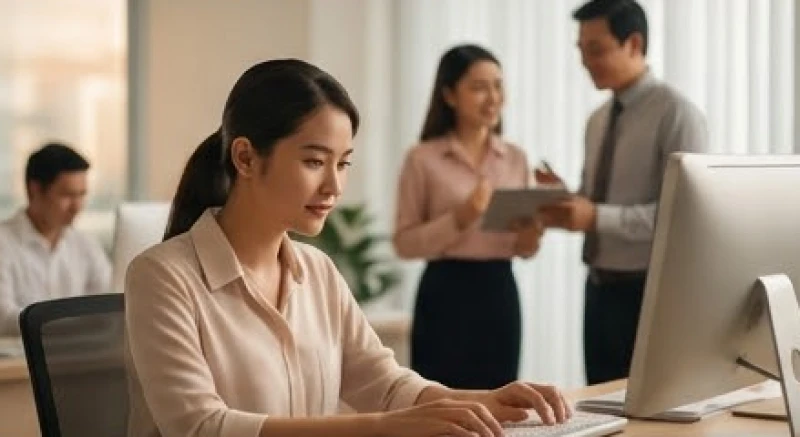 Một nhân viên văn phòng đang tập trung làm việc bên cạnh người đồng nghiệp được cấp trên khen ngợi
