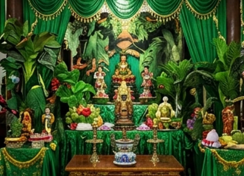 Ban thờ chúa Sơn Trang rực rỡ sắc xanh lục đặc trưng của núi rừng hùng vĩ