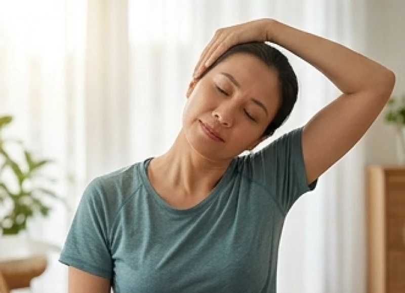 Sức Khỏe Tuổi Sửu: Hồ Sơ Bệnh Lý Trọn Đời Theo 5 Nạp Âm 9 Người phụ nữ thực hiện động tác nghiêng đầu kéo giãn cơ cổ nhẹ nhàng để giảm đau mỏi vai gáy mỗi sáng