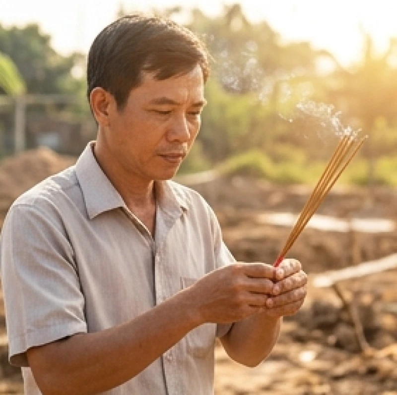 Gia chủ thắp hương vào giờ Tỵ buổi sáng để bắt đầu nghi thức động thổ xây nhà.