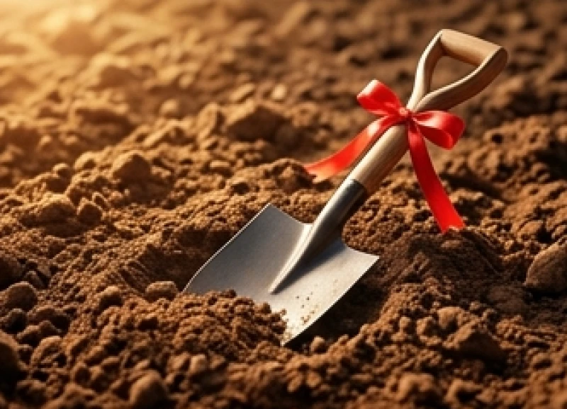 Nghi thức động thổ với chiếc xẻng nhỏ đặt trên phần đất mới cày xới