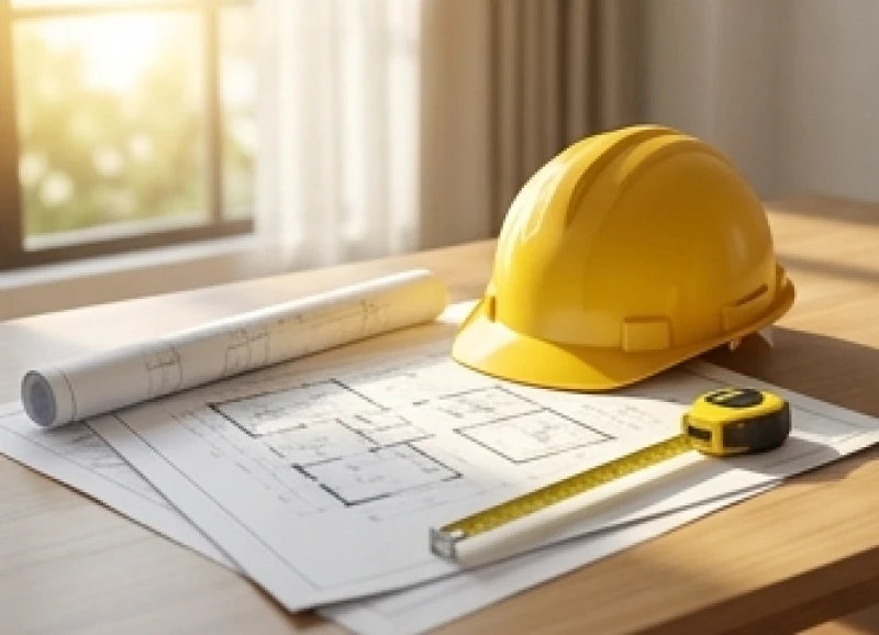Bản vẽ thiết kế nhà ở chi tiết đặt cạnh thước đo và mũ bảo hiểm công trình chuẩn bị động thổ