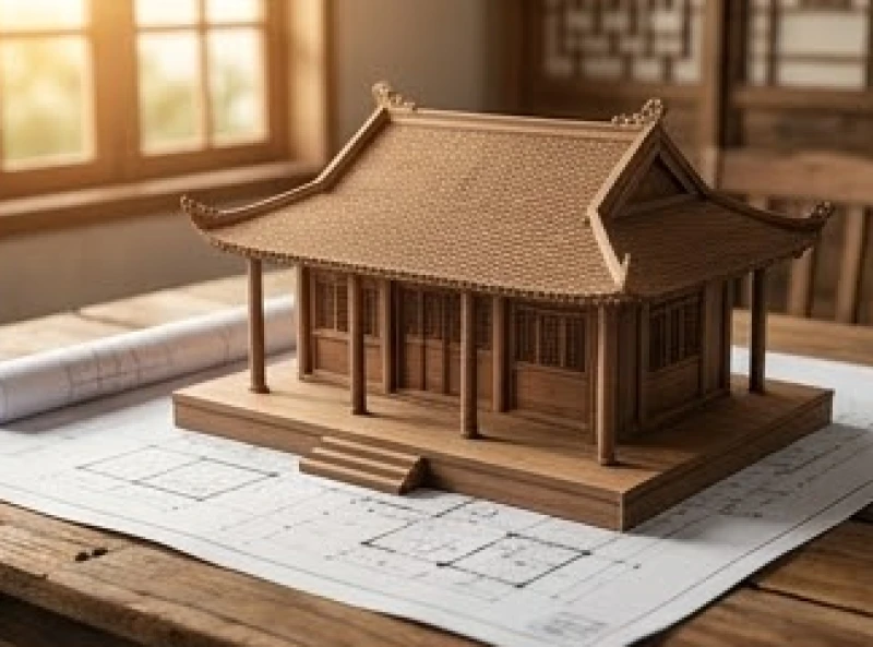 Mô hình ngôi nhà gỗ truyền thống đặt trên bản vẽ thiết kế kiến trúc tượng trưng cho việc động thổ thuận lợi