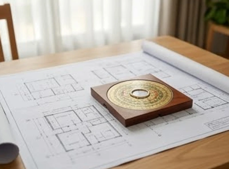 Bản vẽ kiến trúc nhà ở mở rộng trên bàn cùng chiếc la bàn phong thủy bằng gỗ