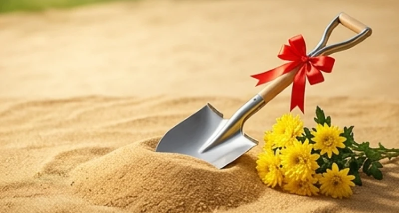 Chiếc xẻng cắm trên đống cát vàng cùng bó hoa cúc chuẩn bị cho nghi thức động thổ làm nhà
