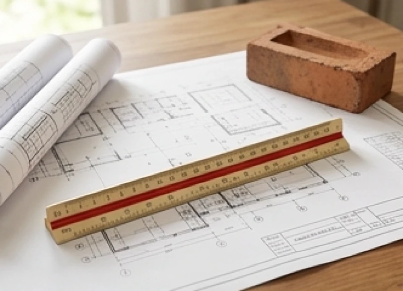 Tháng tốt xấu của tuổi Mùi năm 2027: Lịch cát hung từng nạp âm 4 Bản vẽ thiết kế kiến trúc trải trên bàn cùng với viên gạch mộc và thước lỗ ban truyền thống