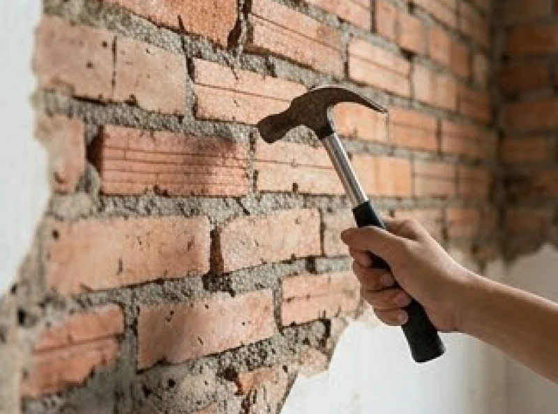 Chiếc búa gõ nhẹ vào bức tường gạch của gian bếp cũ mang ý nghĩa tượng trưng cho việc bắt đầu động thổ