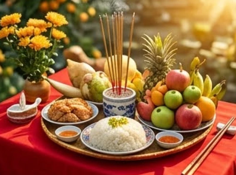Khay lễ vật cúng động thổ truyền thống với xôi chè và hoa quả tươi được bày biện trang trọng