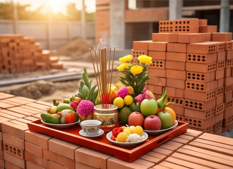 Những viên gạch đầu tiên được đặt ngay ngắn trên nền móng cùng khay lễ vật trong lễ động thổ