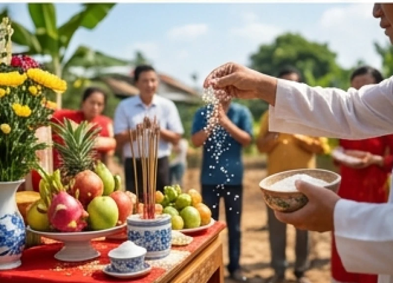 Nghi thức rải gạo muối và dâng hương xin phép thần linh thổ địa trước khi khởi công xây dựng nhà cửa.