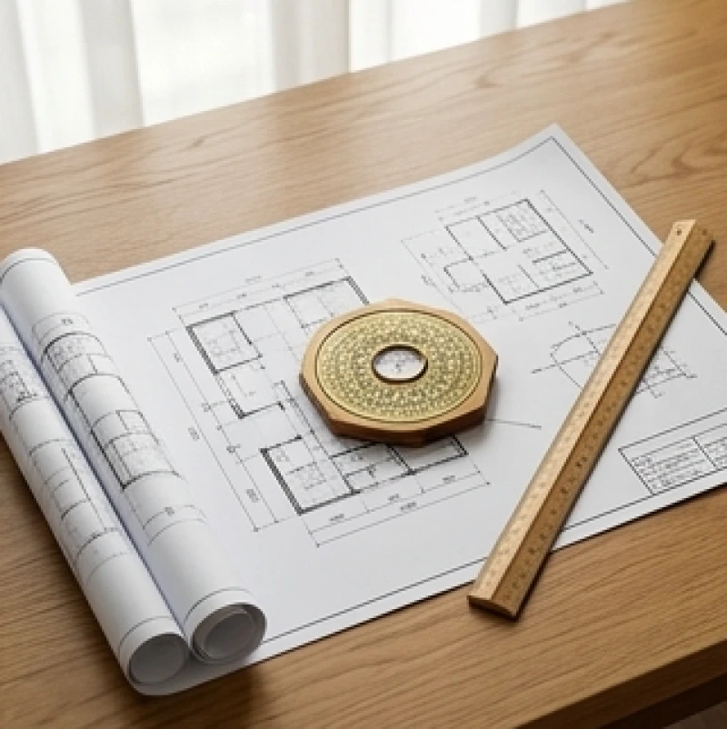 Bản vẽ thiết kế kiến trúc đặt cạnh chiếc la bàn đồng thau chuẩn bị cho kế hoạch xây nhà năm Ất Tỵ