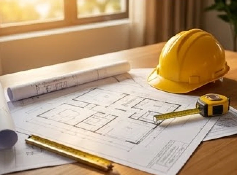 Bản vẽ thi công nhà ở đặt cạnh thước cuốn và nón bảo hộ chuẩn bị cho lễ động thổ