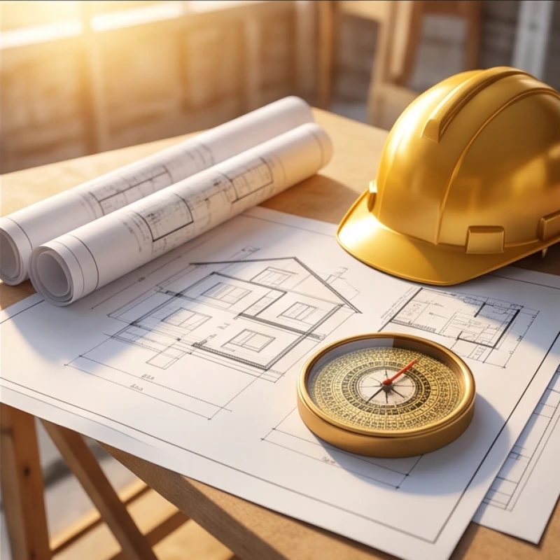 Bản vẽ thiết kế nhà và la bàn chuẩn bị cho lễ động thổ xây dựng năm 2026